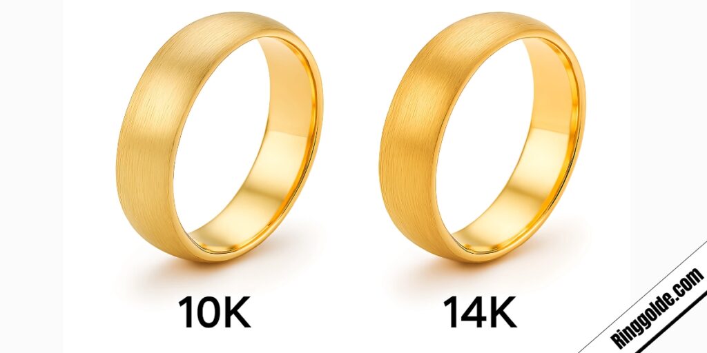Side-by-side comparison of 10K and 14K gold wedding bands with brushed finish on white background
