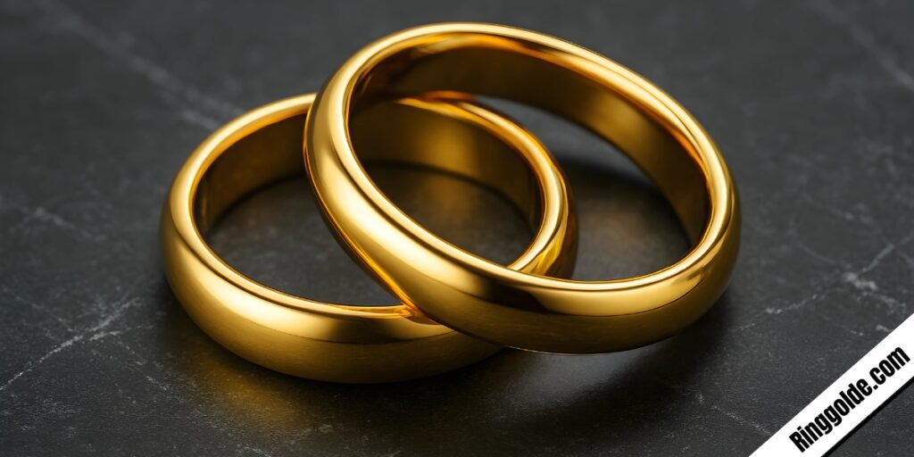 Two polished yellow gold wedding rings interlocked on dark textured slate surface with dramatic lighting