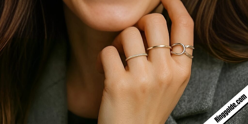 Close-up of woman's hand wearing three stacked minimalist gold rings including twisted rope band and circle link design