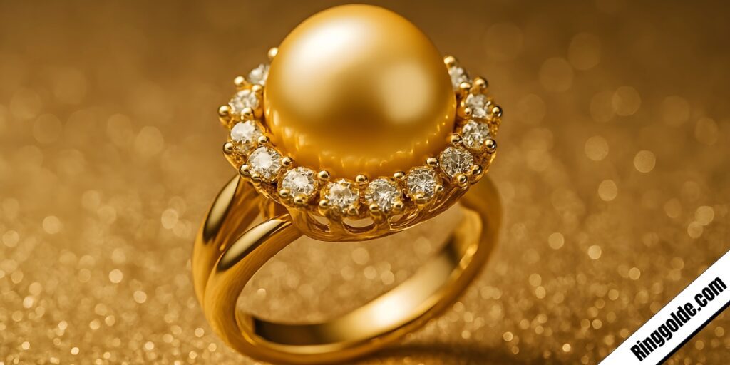 Luxurious yellow gold ring featuring large golden South Sea pearl surrounded by diamond halo on sparkling background