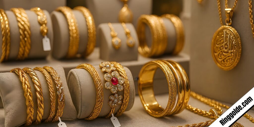 Gold jewelry store display featuring bangles, rings, necklaces with floral diamond designs and Arabic calligraphy pendant