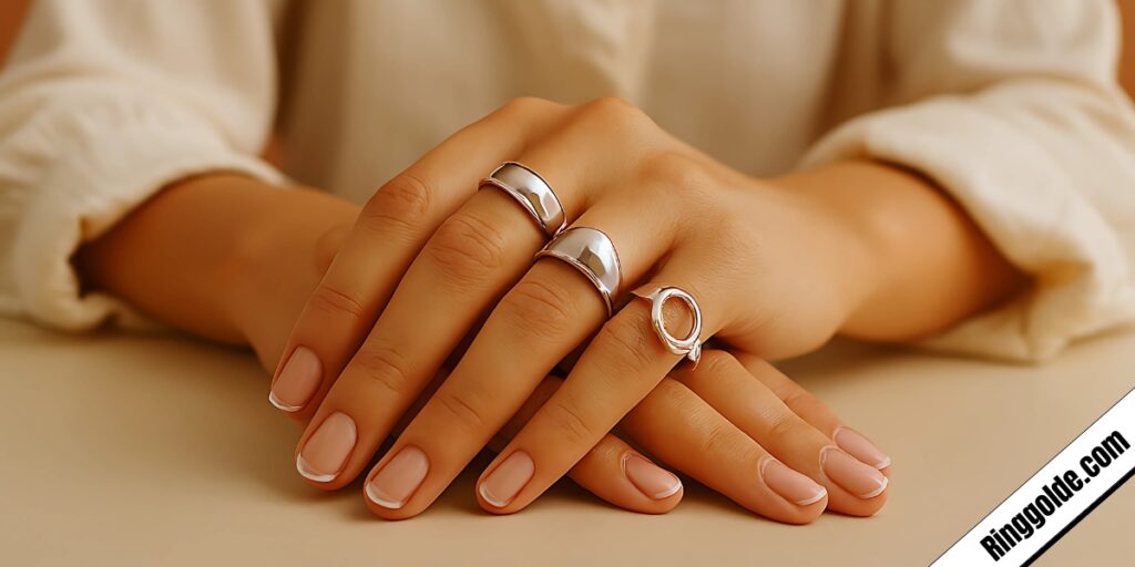 Three silver rings stacked on hand with French manicure including wide band, dome ring, and celestial moon design