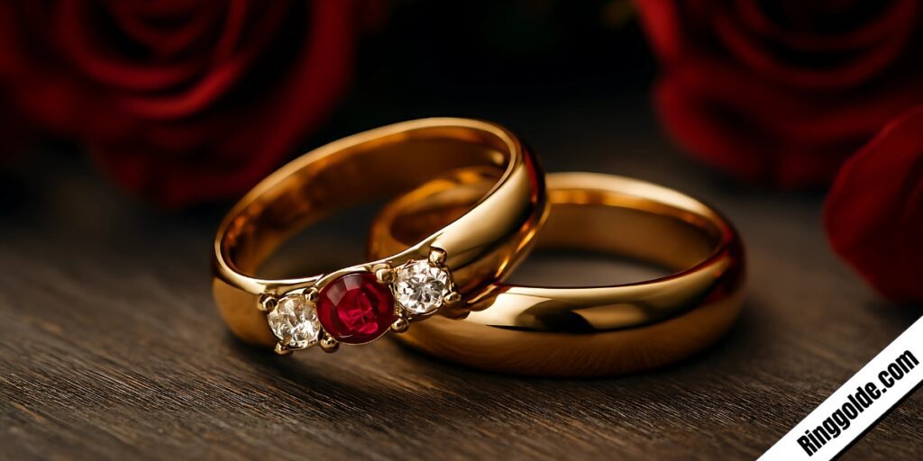 Gold wedding band paired with ruby and diamond three-stone engagement ring on dark wood with red roses