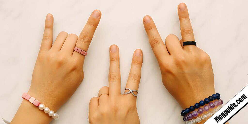 Three hands displaying various fashion rings including pink tile ring, pearl bracelet, infinity band, and black silicone ring