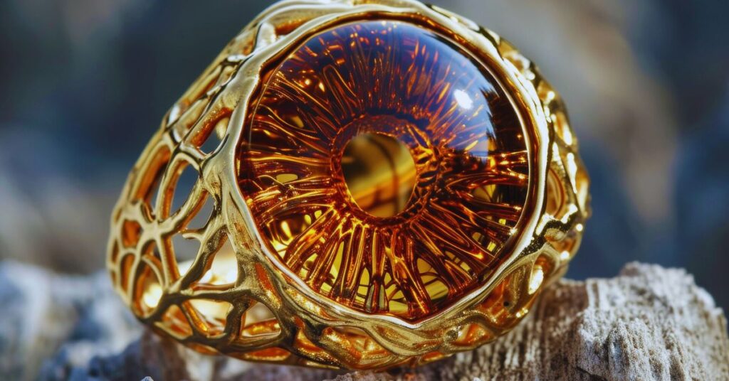 A gold ring featuring a vibrant orange stone, showcasing elegance and style in its design.