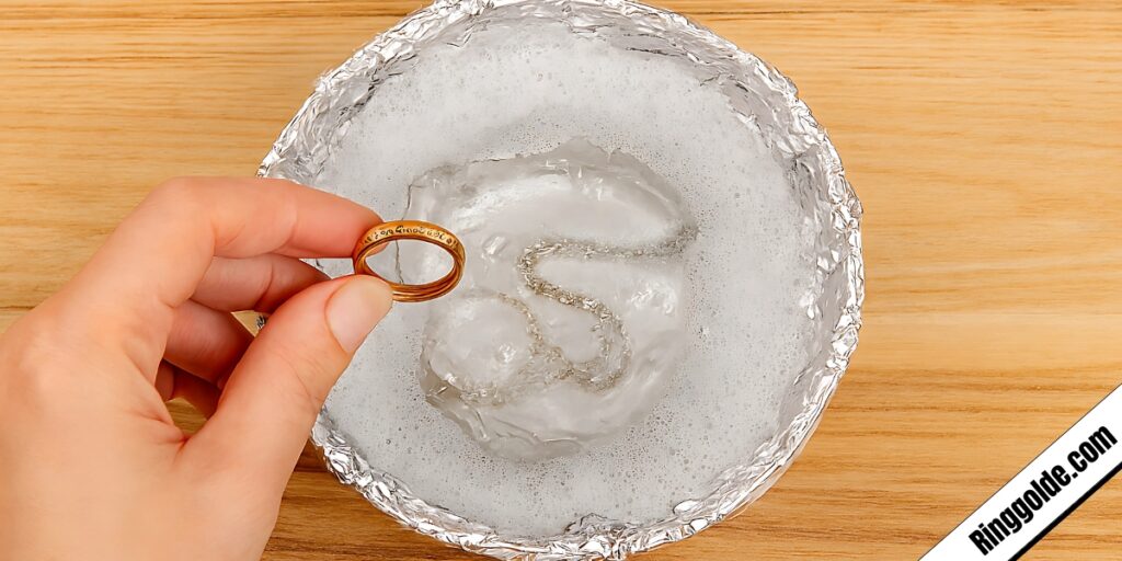 Hand holding rose gold wedding band over glass bowl filled with soapy water on wooden surface