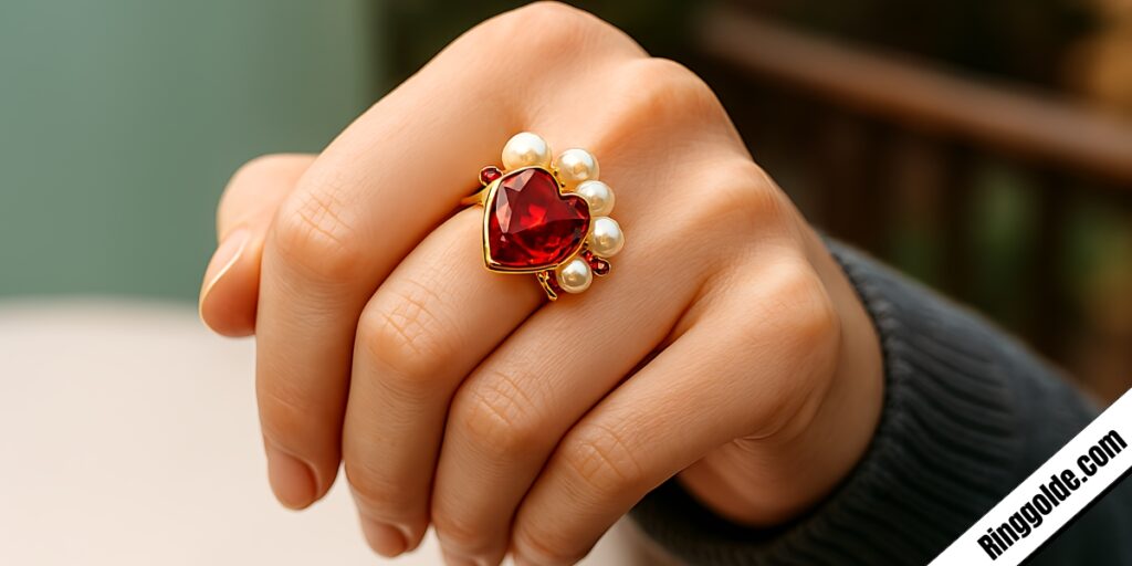 Gold ring with heart-shaped red ruby center stone surrounded by white pearl halo on woman's hand