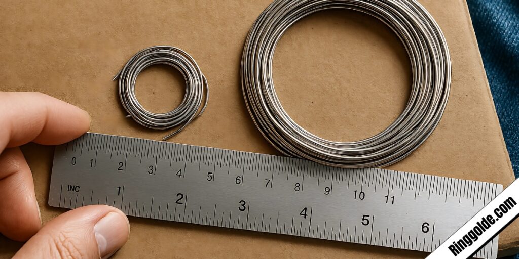 Hand holding metal ruler next to two coils of silver wire in different sizes on brown cardboard surface