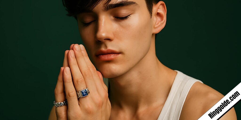Young man with hands in prayer position wearing silver signet ring with blue stone and ornate band against green background