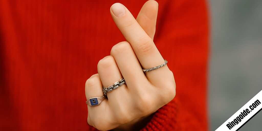 Hand making peace sign gesture wearing multiple silver stackable rings including textured bands and blue gemstone ring