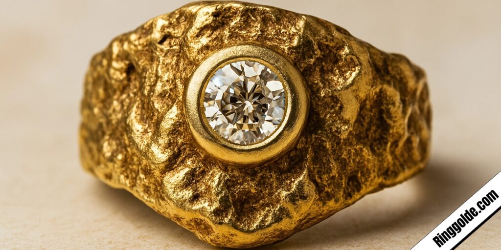 Textured yellow gold ring with organic nugget finish featuring bezel-set round brilliant diamond centerpiece