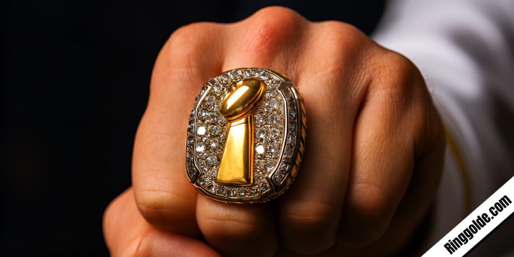 Large two-tone gold and silver ring with diamond pavé border and polished yellow gold center worn on finger