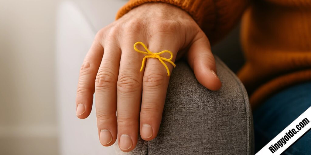 Close-up of hand wearing orange sweater with yellow string tied in bow around ring finger as memory reminder