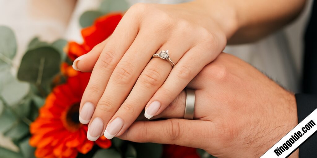 Newlyweds holding hands showing engagement and wedding rings with orange flowers in background