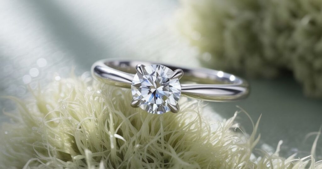 A diamond wedding ring resting on lush green grass, symbolizing love and commitment.